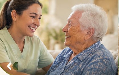 Illustrative scene of a caregiver supporting an older adult