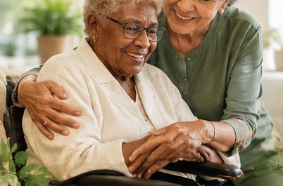Illustrative scene of a caregiver supporting an older adult