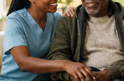 Illustrative scene of a caregiver supporting an older adult